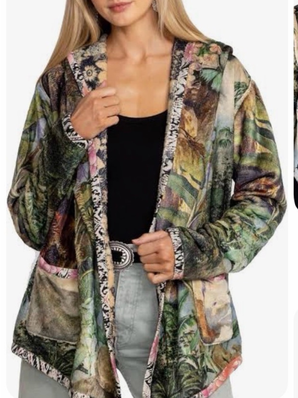 Johnny Was Multicolor Floral & Foliage Teddy Jacket with Hood